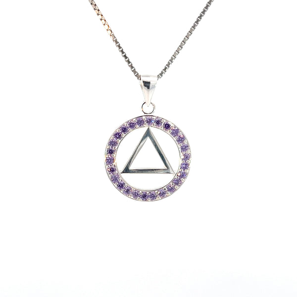 Alcoholics Anonymous (AA) Symbol Pendant in a Circle of Purple Crystals – CHAIN IS NOT INCLUDED AND SOLD SEPARATELY