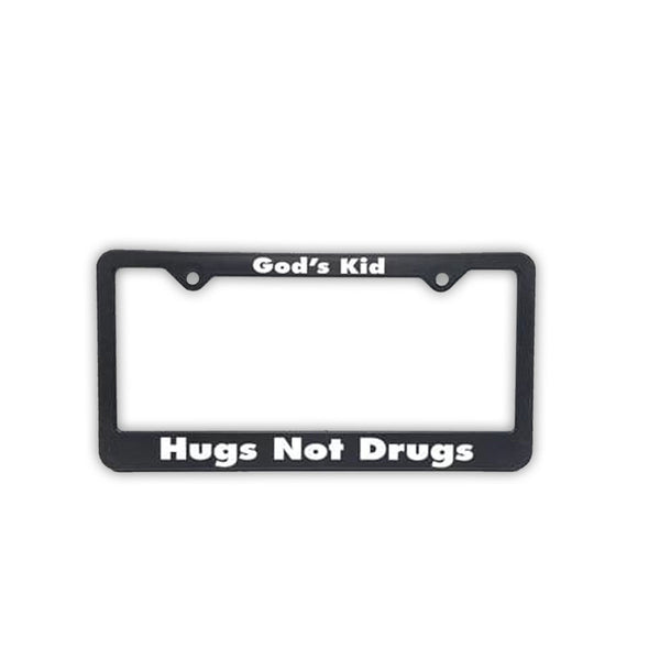 License Plate Frame, #F8, "God's Kid, Hugs Not Drugs"