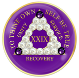 Purple AA Chip with Pearls and Purple Crystals AA Recovery Chip